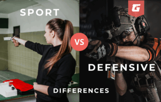 Two shooters side by side – one in competition gear, one in everyday carry setup, symbolizing the contrast between sport and defensive shooting.