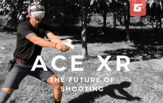 A shooter training with the Ace XR virtual shooting simulator using Meta Quest VR headset.